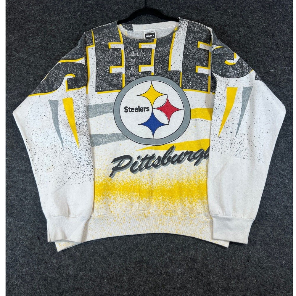 Vintage 90s Pittsburgh Steelers NFL Sweatshirt XL White Football AOP Big Logo